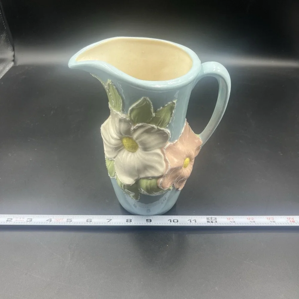 Vintage Ceramic Floral Pitcher Light Blue Embossed Pink White Flower Vase